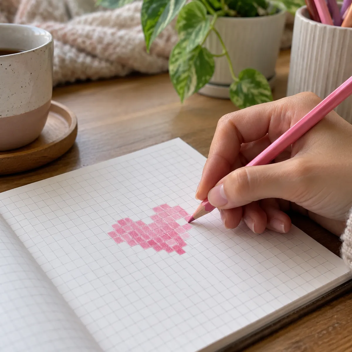 Mão pintando quadradinhos da grade com lápis rosa. Imagem ilustrativa.